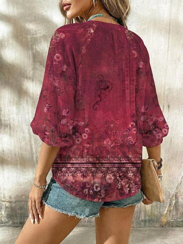 Women Boho Ethnic Print 3/4 Sleeve Blouse Casual V Neck Button Front Shirt for Daily Wear and Outdoor Styling Use in Kuwait