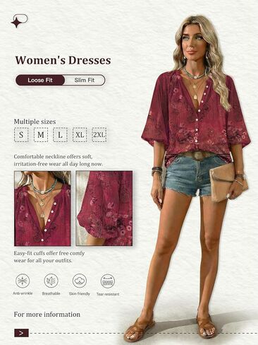 Women Boho Ethnic Print 3/4 Sleeve Blouse Casual V Neck Button Front Shirt for Daily Wear and Outdoor Styling Use in Kuwait