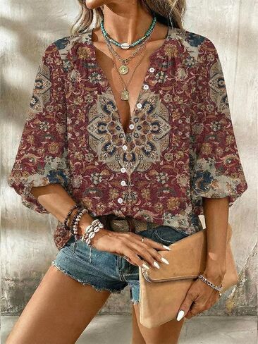 Women Boho Ethnic Print 3/4 Sleeve Blouse Casual V Neck Button Front Shirt for Daily Wear and Outdoor Styling Use in Kuwait