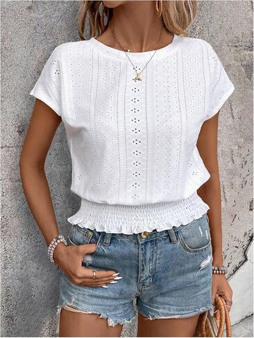 Milumia Women's Boho Eyelet Embroidered Blouse Cap Short Sleeve Smocked Waist Summer Tops White Large in Kuwait