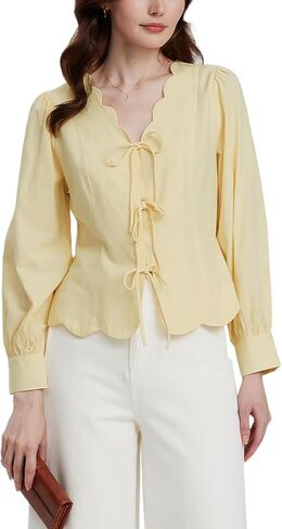 Women's Y2K Tie Front Babydoll Tops V Neck Cropped Puff Long Sleeve Peplum Shirt Casual Scallop Trim Coquette Blouses Yellow in Kuwait