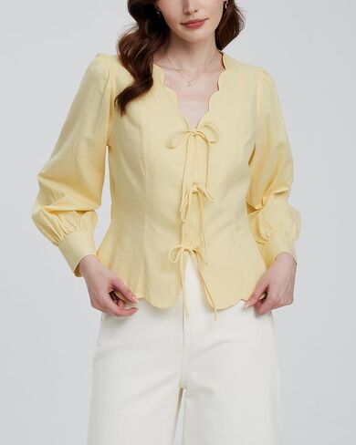 Women's Y2K Tie Front Babydoll Tops V Neck Cropped Puff Long Sleeve Peplum Shirt Casual Scallop Trim Coquette Blouses Yellow in Kuwait