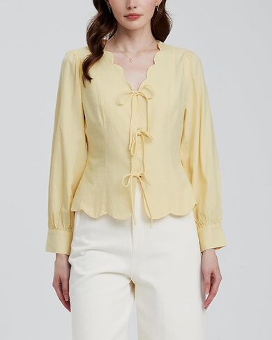 Women's Y2K Tie Front Babydoll Tops V Neck Cropped Puff Long Sleeve Peplum Shirt Casual Scallop Trim Coquette Blouses Yellow in Kuwait