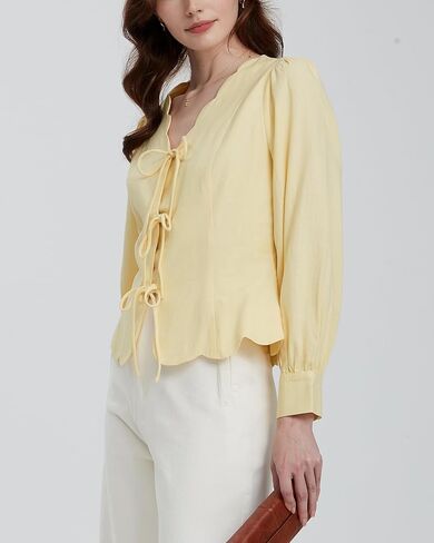 Women's Y2K Tie Front Babydoll Tops V Neck Cropped Puff Long Sleeve Peplum Shirt Casual Scallop Trim Coquette Blouses Yellow in Kuwait