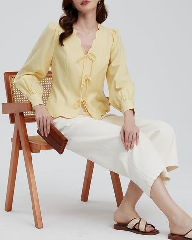 Women's Y2K Tie Front Babydoll Tops V Neck Cropped Puff Long Sleeve Peplum Shirt Casual Scallop Trim Coquette Blouses Yellow in Kuwait