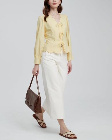 Women's Y2K Tie Front Babydoll Tops V Neck Cropped Puff Long Sleeve Peplum Shirt Casual Scallop Trim Coquette Blouses Yellow in Kuwait