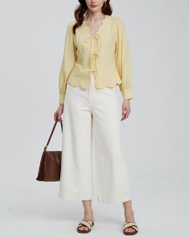 Women's Y2K Tie Front Babydoll Tops V Neck Cropped Puff Long Sleeve Peplum Shirt Casual Scallop Trim Coquette Blouses Yellow in Kuwait