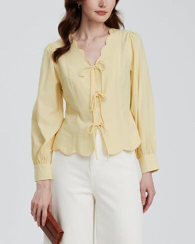 Women's Y2K Tie Front Babydoll Tops V Neck Cropped Puff Long Sleeve Peplum Shirt Casual Scallop Trim Coquette Blouses Yellow in Kuwait
