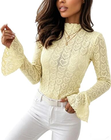 CHICME Heart Pointelle Blouses for Women Mock Neck Lace Top Long Bell Sleeve Top Fall Going Out Tops 2026 Y2k Clothes Date in Saudi Arabia