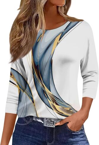 Womens 3/4 Sleeve Cotton Tops Dressy Shirts Crewneck Tops,Women Tunic Casual Loose Fit Shirt Floral Print Blouse in Kuwait