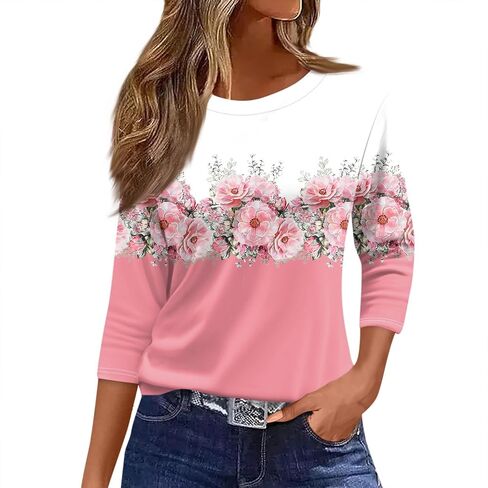 Womens 3/4 Sleeve Cotton Tops Dressy Shirts Crewneck Tops,Women Tunic Casual Loose Fit Shirt Floral Print Blouse in Kuwait
