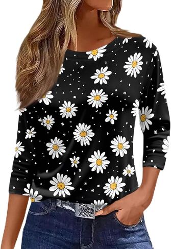 Womens 3/4 Sleeve Cotton Tops Dressy Shirts Crewneck Tops,Women Tunic Casual Loose Fit Shirt Floral Print Blouse in Kuwait