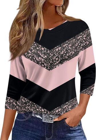 Womens 3/4 Sleeve Cotton Tops Dressy Shirts Crewneck Tops,Women Tunic Casual Loose Fit Shirt Floral Print Blouse in Kuwait