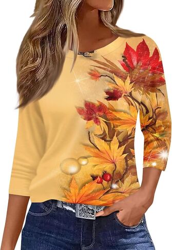 Womens 3/4 Sleeve Cotton Tops Dressy Shirts Crewneck Tops,Women Tunic Casual Loose Fit Shirt Floral Print Blouse in Kuwait