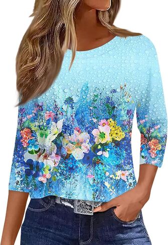 Womens 3/4 Sleeve Cotton Tops Dressy Shirts Crewneck Tops,Women Tunic Casual Loose Fit Shirt Floral Print Blouse in Kuwait