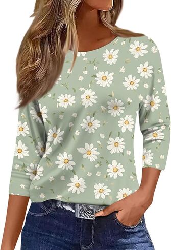 Womens 3/4 Sleeve Cotton Tops Dressy Shirts Crewneck Tops,Women Tunic Casual Loose Fit Shirt Floral Print Blouse in Kuwait