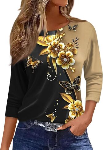 Womens 3/4 Sleeve Cotton Tops Dressy Shirts Crewneck Tops,Women Tunic Casual Loose Fit Shirt Floral Print Blouse in Kuwait