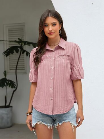 Angashion Womens Button Down Shirts Summer Casual Short Sleeves V Neck Tops Ladies Solid Blouses in Saudi Arabia