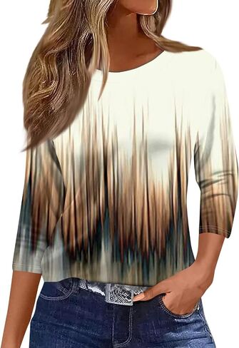 Womens 3/4 Sleeve Cotton Tops Dressy Shirts Crewneck Tops,Women Tunic Casual Loose Fit Shirt Floral Print Blouse in Kuwait
