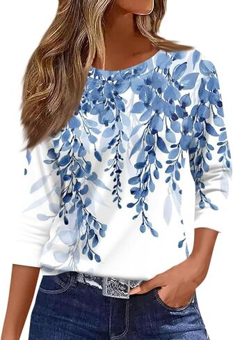Womens 3/4 Sleeve Cotton Tops Dressy Shirts Crewneck Tops,Women Tunic Casual Loose Fit Shirt Floral Print Blouse in Kuwait