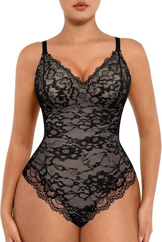 FeelinGirl Bodysuits for Women Shapewear Tummy Control Lace V-Neck Body Suits Tops Backless Body Shaper Black L in Kuwait