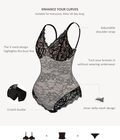 FeelinGirl Bodysuits for Women Shapewear Tummy Control Lace V-Neck Body Suits Tops Backless Body Shaper Black L in Kuwait