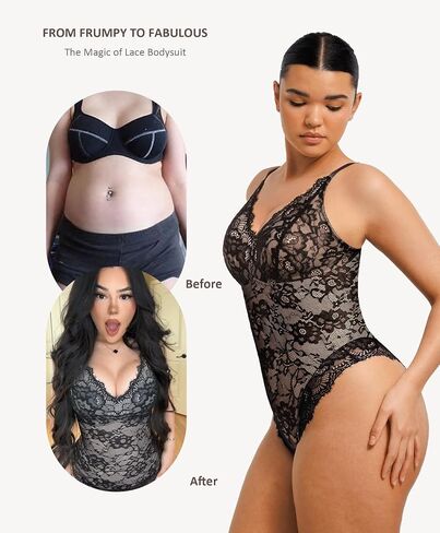 FeelinGirl Bodysuits for Women Shapewear Tummy Control Lace V-Neck Body Suits Tops Backless Body Shaper Black L in Kuwait