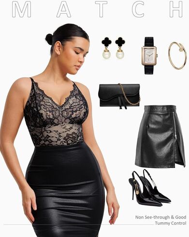 FeelinGirl Bodysuits for Women Shapewear Tummy Control Lace V-Neck Body Suits Tops Backless Body Shaper Black L in Kuwait