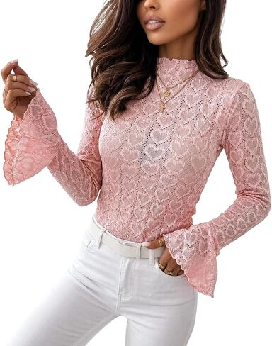 CHICME Heart Pointelle Blouses for Women Mock Neck Lace Top Long Bell Sleeve Top Fall Going Out Tops 2026 Y2k Clothes Date in Saudi Arabia