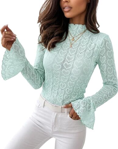 CHICME Heart Pointelle Blouses for Women Mock Neck Lace Top Long Bell Sleeve Top Fall Going Out Tops 2026 Y2k Clothes Date in Saudi Arabia