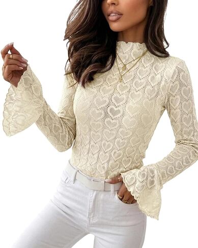 CHICME Heart Pointelle Blouses for Women Mock Neck Lace Top Long Bell Sleeve Top Fall Going Out Tops 2026 Y2k Clothes Date in Saudi Arabia