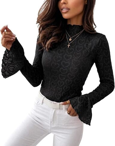 CHICME Heart Pointelle Blouses for Women Mock Neck Lace Top Long Bell Sleeve Top Fall Going Out Tops 2026 Y2k Clothes Date in Saudi Arabia