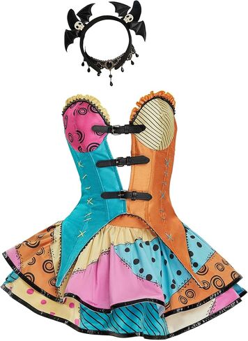 MEOWCOS Gothic A-line Dress Cosplay V-neck Corset Double Layered Skirt Corlorful Patchwork Halloween Costume in Kuwait