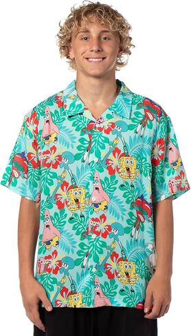 Spongebob Squarepants Men's Character Hawaiian Floral Button-Up Short Sleeve Woven Shirt in Kuwait