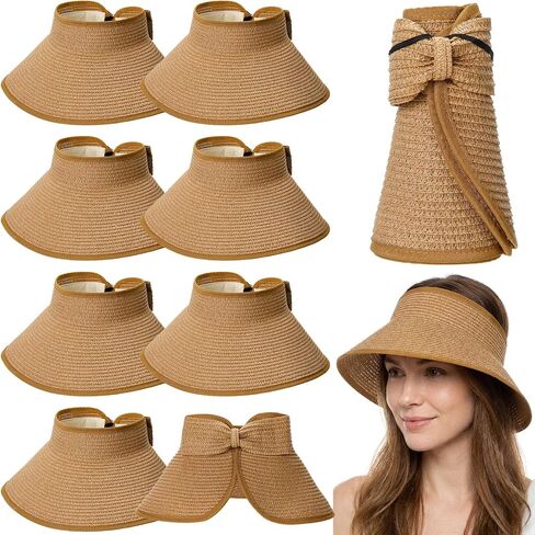8 Pcs Straw Hats for Women UV Straw Beach Sun Visor Foldable Wide Brim Ponytail Hat Bulk for Summer Travel Beach in Kuwait