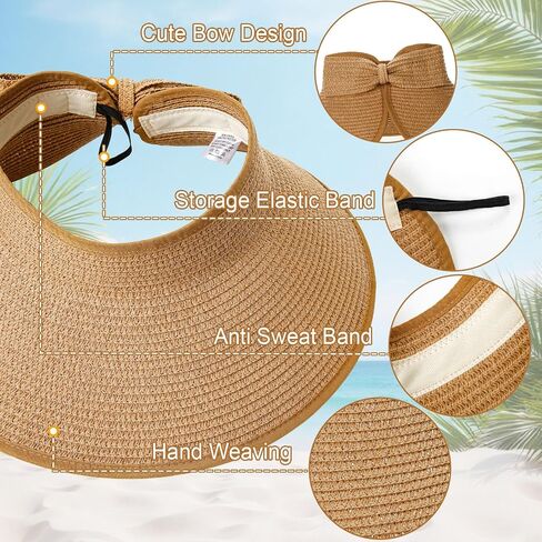 8 Pcs Straw Hats for Women UV Straw Beach Sun Visor Foldable Wide Brim Ponytail Hat Bulk for Summer Travel Beach in Kuwait