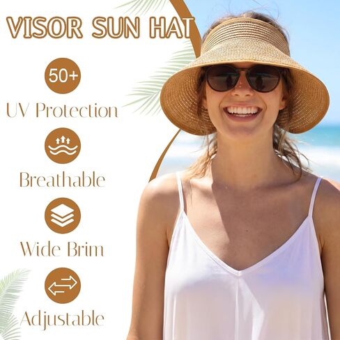 8 Pcs Straw Hats for Women UV Straw Beach Sun Visor Foldable Wide Brim Ponytail Hat Bulk for Summer Travel Beach in Kuwait
