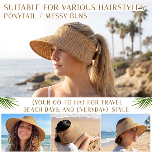 8 Pcs Straw Hats for Women UV Straw Beach Sun Visor Foldable Wide Brim Ponytail Hat Bulk for Summer Travel Beach in Kuwait