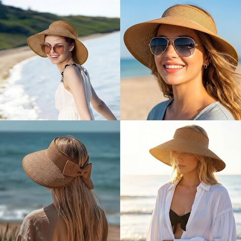 8 Pcs Straw Hats for Women UV Straw Beach Sun Visor Foldable Wide Brim Ponytail Hat Bulk for Summer Travel Beach in Kuwait
