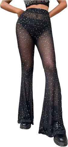OYOANGLE Women's Sparkly Sequin Flare Pants See Through Mesh Bell Pants Rave Party Leggings in Kuwait