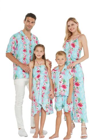Matchable Family Hawaiian Luau Men Women Girl Boy Clothes in Pink Hibiscus Vine Turquoise in Kuwait