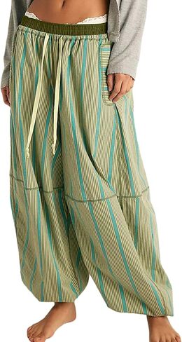 Women Striped Barrel Pants Summer Baggy Drawstring Lantern Pants Elasti Waist Wide Leg Harem Trousers with Pockets in Saudi Arabia