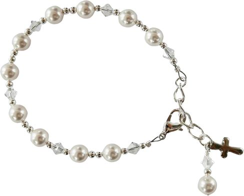 Crystal Pearl First Communion Bracelet for Girls Single Decade Rosary Bracelet with Cross Charm Catholic Baptism Gift, Flower Girl Jewelry, Keepsake Communion Bracelet in Saudi Arabia