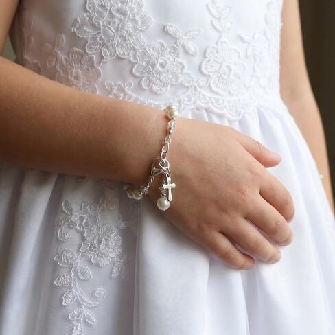 Crystal Pearl First Communion Bracelet for Girls Single Decade Rosary Bracelet with Cross Charm Catholic Baptism Gift, Flower Girl Jewelry, Keepsake Communion Bracelet in Saudi Arabia