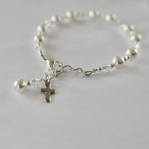 Crystal Pearl First Communion Bracelet for Girls Single Decade Rosary Bracelet with Cross Charm Catholic Baptism Gift, Flower Girl Jewelry, Keepsake Communion Bracelet in Saudi Arabia