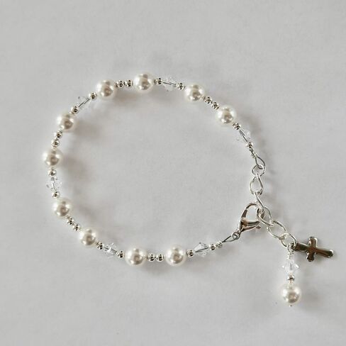 Crystal Pearl First Communion Bracelet for Girls Single Decade Rosary Bracelet with Cross Charm Catholic Baptism Gift, Flower Girl Jewelry, Keepsake Communion Bracelet in Saudi Arabia