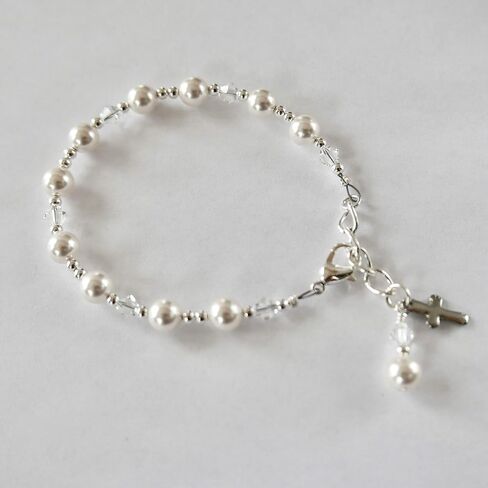 Crystal Pearl First Communion Bracelet for Girls Single Decade Rosary Bracelet with Cross Charm Catholic Baptism Gift, Flower Girl Jewelry, Keepsake Communion Bracelet in Saudi Arabia