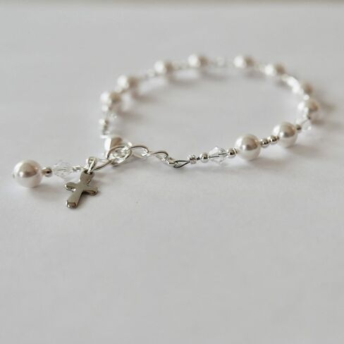 Crystal Pearl First Communion Bracelet for Girls Single Decade Rosary Bracelet with Cross Charm Catholic Baptism Gift, Flower Girl Jewelry, Keepsake Communion Bracelet in Saudi Arabia