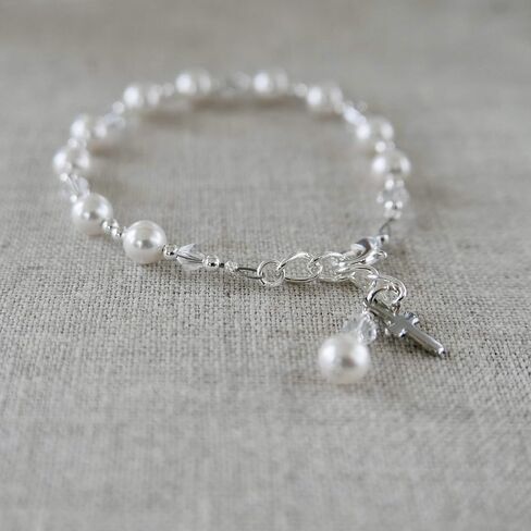 Crystal Pearl First Communion Bracelet for Girls Single Decade Rosary Bracelet with Cross Charm Catholic Baptism Gift, Flower Girl Jewelry, Keepsake Communion Bracelet in Saudi Arabia