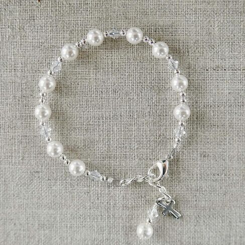 Crystal Pearl First Communion Bracelet for Girls Single Decade Rosary Bracelet with Cross Charm Catholic Baptism Gift, Flower Girl Jewelry, Keepsake Communion Bracelet in Saudi Arabia